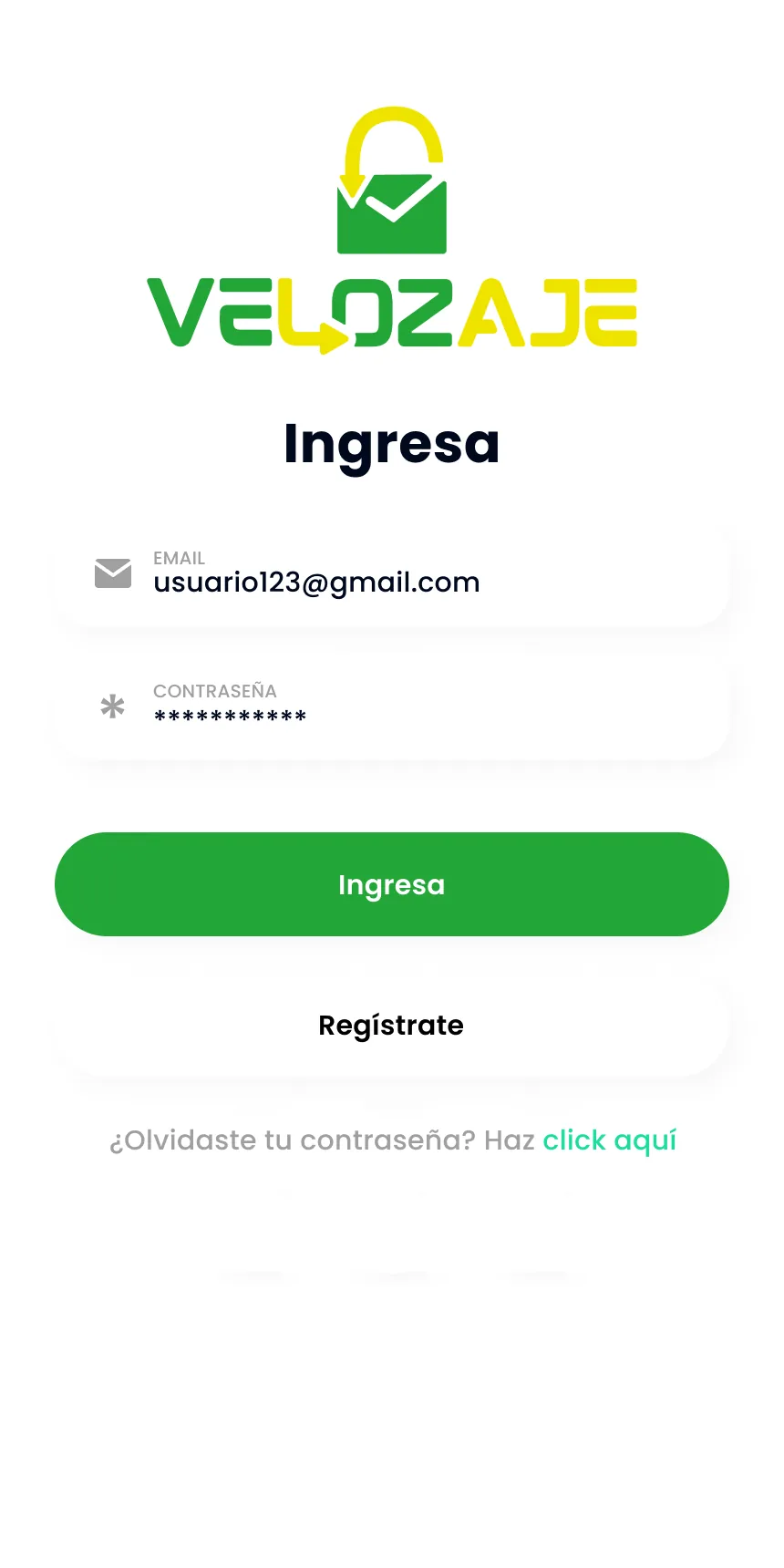 Pantalla de inicio de sesión de Velozaje