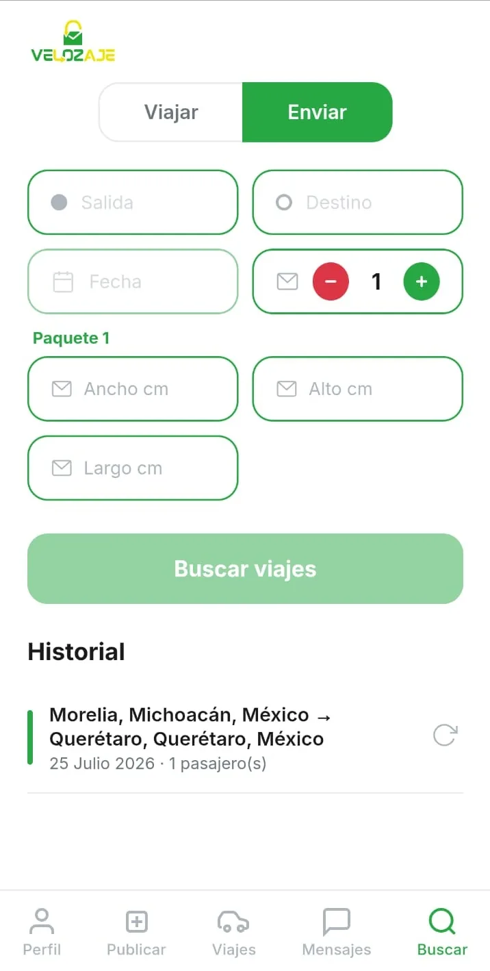 Pantalla para enviar o viajar en Velozaje
