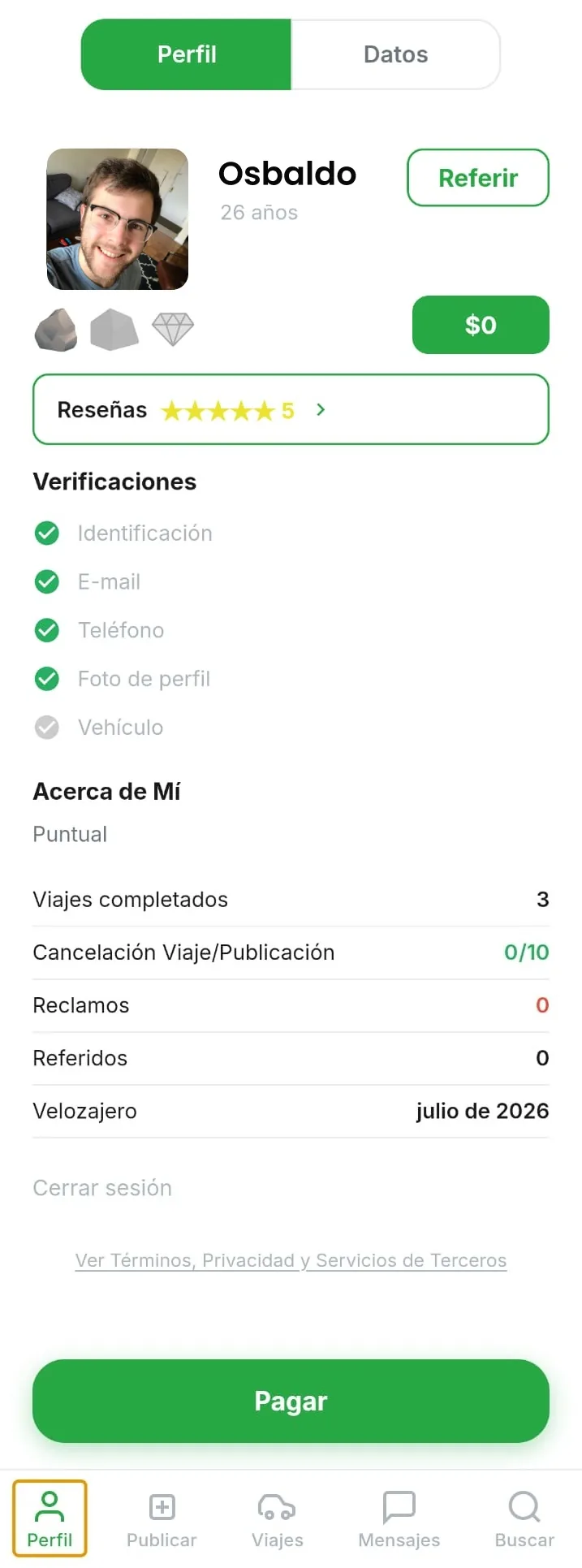 Perfil verificado con reseñas en Velozaje